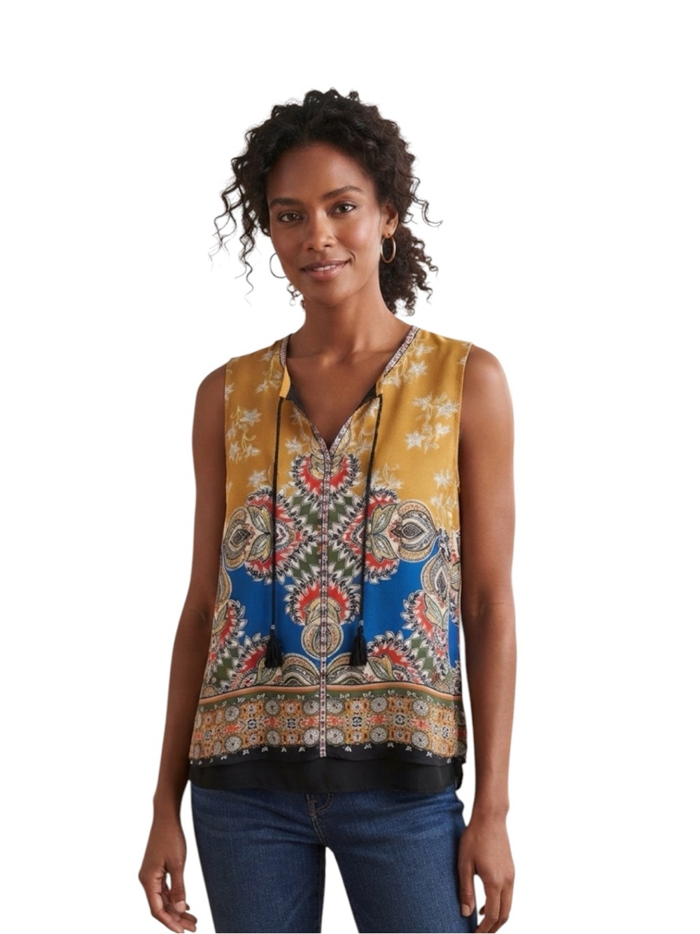 Daniel Rainn Mustard & Blue Paisley-Print Sleeveless Tie-Neck Blouse Size XL
